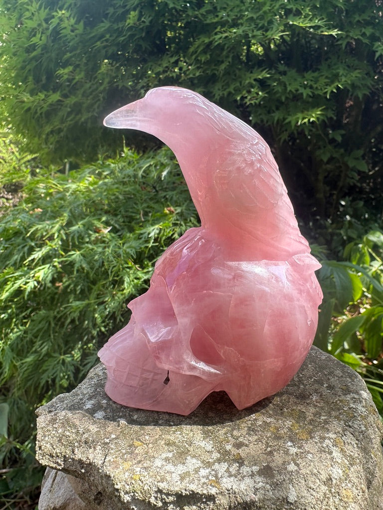 Rose Quartz Crystal Handcrafted And Open Mouthed Skull With Raven