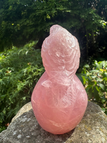 Rose Quartz Crystal Handcrafted And Open Mouthed Skull With Raven