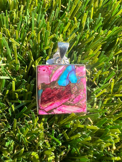 925 Sterling Silver Pendant With Natural Kingsman Pink Dahlia Turquoise High Quality