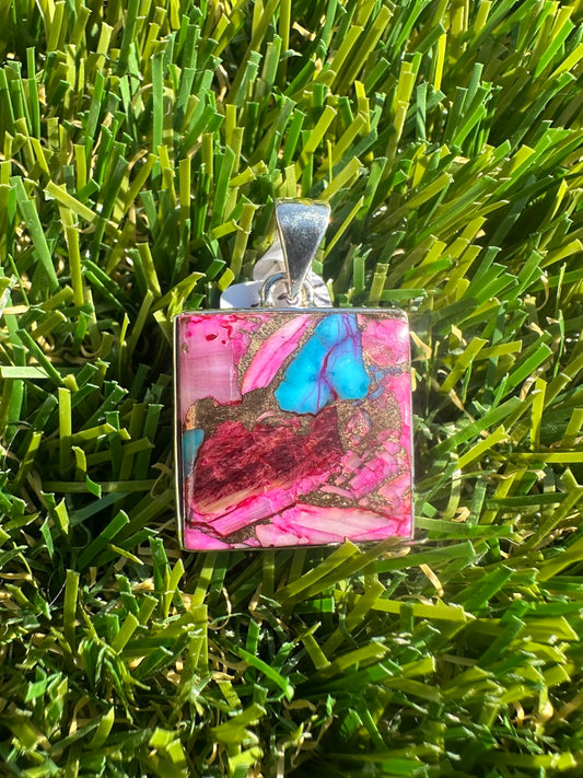 925 Sterling Silver Pendant With Natural Kingsman Pink Dahlia Turquoise High Quality