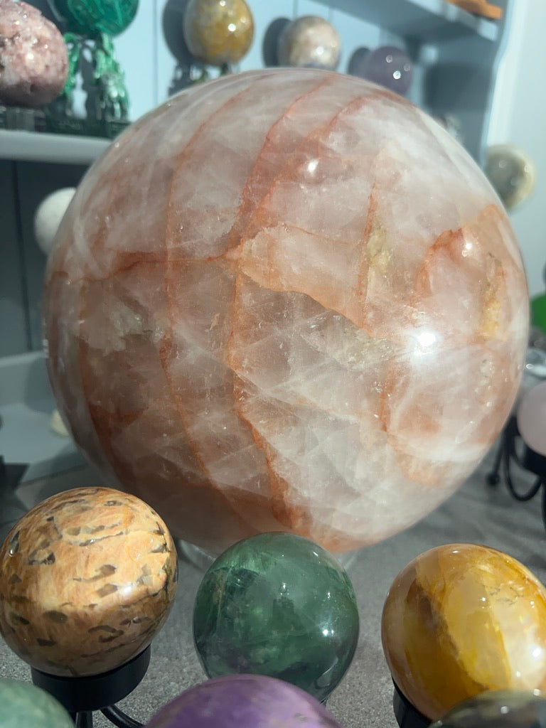 Massive Fire quartz Sphere - Rare Hematoid Crystal Ball - Stunning Red And Clear Patterns - Collector's Showpiece
