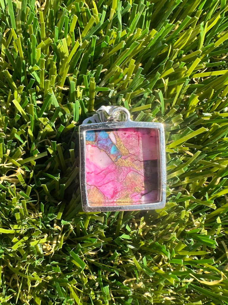 925 Sterling Silver Pendant With Natural Kingsman Pink Dahlia Turquoise High Quality