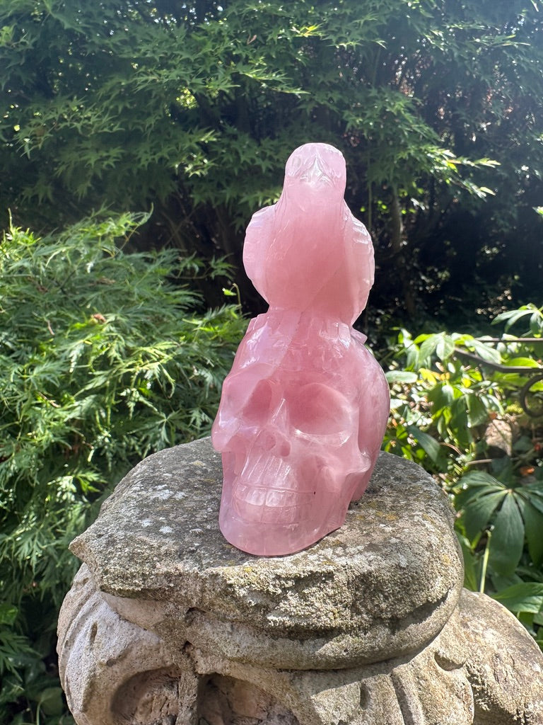 Rose Quartz Crystal Handcrafted And Open Mouthed Skull With Raven