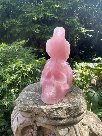 Rose Quartz Crystal Handcrafted And Open Mouthed Skull With Raven