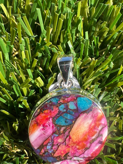 925 Sterling Silver Pendant With Natural Kingsman Pink Dahlia Turquoise High Quality