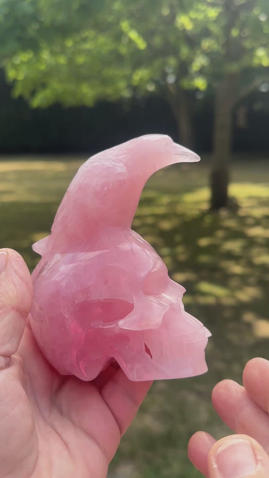 Rose Quartz Crystal Handcrafted And Open Mouthed Skull With Raven
